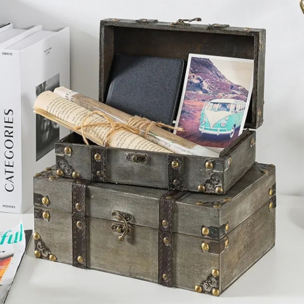 Vintage Style Storage Trunk Set - Gray and Gold (2 Pc Set) - Picture 6 of 8